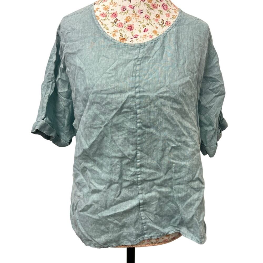 🌿 Pure Jill Garment Dyed Linen Top Aqua Blue Short Sleeve PM